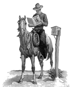 En Cowboy till häst läsande en tidning